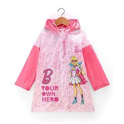 Babyhug Full Sleeves Below Knee Length Raincoat Barbie Print - Pink