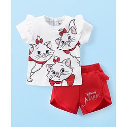Babyhug Disney Cotton Knit Half Sleeves Top & Mid Length Shorts Set With Frill Detailing & Marie Graphics - White & Red