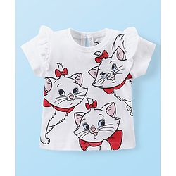 Babyhug Disney Cotton Knit Half Sleeves Top & Mid Length Shorts Set With Frill Detailing & Marie Graphics - White & Red