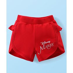 Babyhug Disney Cotton Knit Half Sleeves Top & Mid Length Shorts Set With Frill Detailing & Marie Graphics - White & Red