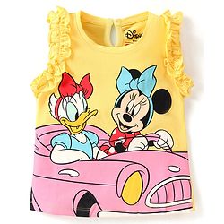 Babyhug Disney Cotton Frill Sleeves Top With Frills Detailing Minnie Mouse & Donald Duck Graphics - Yellow