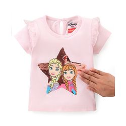 Babyhug Disney 100% Cotton Knit Frill Sleeves Top With Disney Princess Graphics - Pink