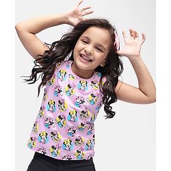 Babyhug Disney Cotton Knit  Sleeveless Top with Frill Detailing & Minnie Mouse Print - Pink