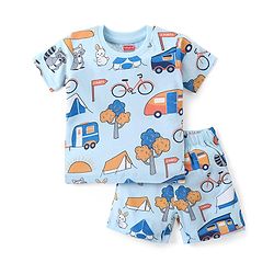 Babyhug Cotton Knit Half Sleeves Night Suit With Camping Print  - Blue