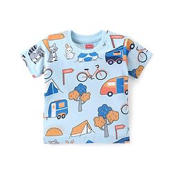 Babyhug Cotton Knit Half Sleeves Night Suit With Camping Print  - Blue