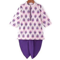 Babyhug Cambric Woven Full Sleeves Kurta Dhoti Set with Floral Print & Embroidery - Purple