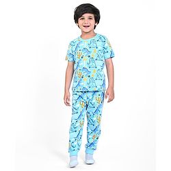Babyhug Cotton Half Sleeves Night Suit With Dinosaur Print - Blue