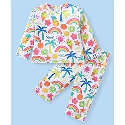 Babyhug Cotton Knit Full Sleeves Night Suit With Tropical Print - White