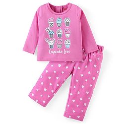 Babyhug Cotton Knit Full Sleeves Night Suit With Cupcakes & Hearts Print - Pink