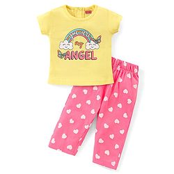 Babyhug Single Jersey Knit Half Sleeves Night Suit with Rainbow & Hearts Print - Yellow & Pink