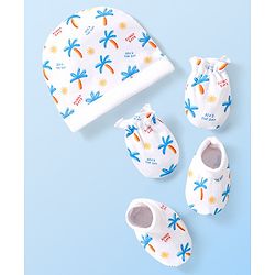 Babyhug 100% Cotton Cap Mittens & Booties Tropical Print White - Diameter 10 cm