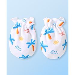 Babyhug 100% Cotton Cap Mittens & Booties Tropical Print White - Diameter 10 cm