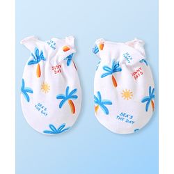 Babyhug 100% Cotton Cap Mittens & Booties Tropical Print White - Diameter 10 cm