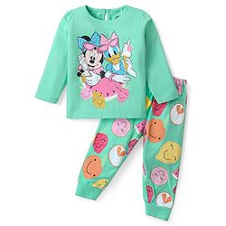Babyhug Disney Cotton Knit Full Sleeves Night Suit With Minnie Mouse Print - Green