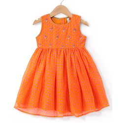 Babyhug Sleeveless Kotta Printed Ethnic Dress Floral Embroidery - Orange