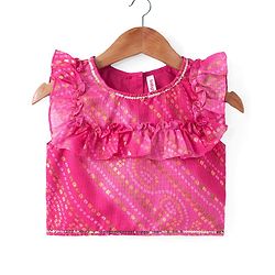 Babyhug Frill Sleeves Kota Bandhani Choli Lehenga & Dupatta Set with Sequin and Tassles Detailing -Fuschia