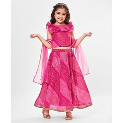 Babyhug Frill Sleeves Kota Bandhani Choli Lehenga & Dupatta Set with Sequin and Tassles Detailing -Fuschia