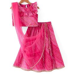 Babyhug Frill Sleeves Kota Bandhani Choli Lehenga & Dupatta Set with Sequin and Tassles Detailing -Fuschia