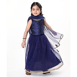 Babyhug Dobby Sleeveless Embroidered Choli With Shimmer Lehenga & Dupatta Set - Navy Blue