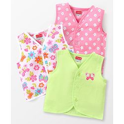 Babyhug 100% Cotton Woven Sleeveless Front Open Vest Floral & Butterfly Print Pack Of 3 - Green White & Pink