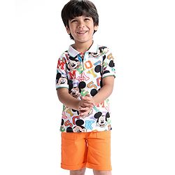 Babyhug Cotton Knit Half Sleeves Polo T-Shirt & Shorts Set with Mickey Mouse  Print - White  & Orange