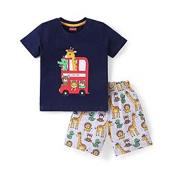 Babyhug Cotton Knit Half Sleeves Night Suit With Animals Print - Navy & Grey