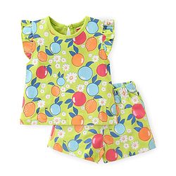 Babyhug Cotton Knit Flutter Sleeves Night Suit With Fruits Print - Multicolor