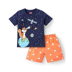 Babyhug Cotton Half Sleeves Night Suit With Space Print - Navy Blue