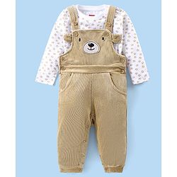 Babyhug Single Jersey Knit Dungaree With Full Sleeves T-Shirt Paw Print & Applique - White & Beige