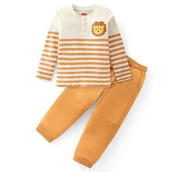 Babyhug Single Jersey Knit Full Sleeves Striped Henley T-Shirt & Lounge Pants Set With Lion Patch - Orange
