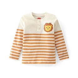 Babyhug Single Jersey Knit Full Sleeves Striped Henley T-Shirt & Lounge Pants Set With Lion Patch - Orange