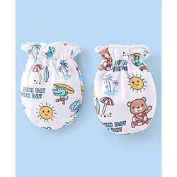 Babyhug 100% Cotton Cap Mittens & Booties with Beach Theme -White