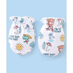 Babyhug 100% Cotton Cap Mittens & Booties with Beach Theme -White