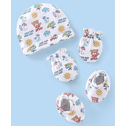 Babyhug 100% Cotton Cap Mittens & Booties with Beach Theme -White