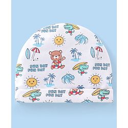Babyhug 100% Cotton Cap Mittens & Booties with Beach Theme -White