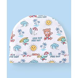 Babyhug 100% Cotton Cap Mittens & Booties with Beach Theme -White