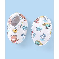 Babyhug 100% Cotton Cap Mittens & Booties with Beach Theme -White