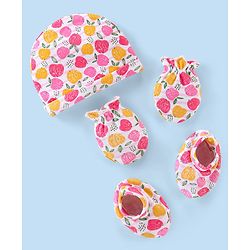 Babyhug 100% Cotton Cap Mittens & Booties with Apple Print- Multicolor