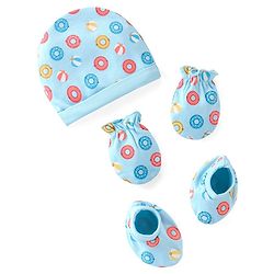 Babyhug 100% Cotton Cap Mittens & Booties with Beach Theme Print - Blue