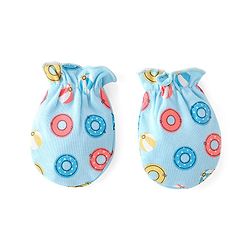 Babyhug 100% Cotton Cap Mittens & Booties with Beach Theme Print - Blue