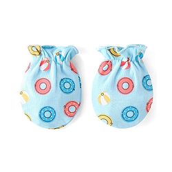 Babyhug 100% Cotton Cap Mittens & Booties with Beach Theme Print - Blue