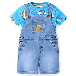 Babyhug Single Jersey Woven Dungaree and Half Sleeves T-Shirt Set with Boat Print & Embroidery - Blue