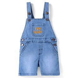 Babyhug Single Jersey Woven Dungaree and Half Sleeves T-Shirt Set with Boat Print & Embroidery - Blue