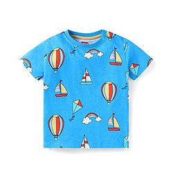 Babyhug Single Jersey Woven Dungaree and Half Sleeves T-Shirt Set with Boat Print & Embroidery - Blue