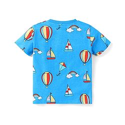 Babyhug Single Jersey Woven Dungaree and Half Sleeves T-Shirt Set with Boat Print & Embroidery - Blue