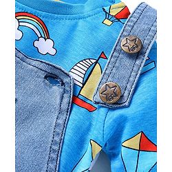 Babyhug Single Jersey Woven Dungaree and Half Sleeves T-Shirt Set with Boat Print & Embroidery - Blue