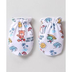 Babyhug 100% Cotton Mittens & Booties Beach Print - White