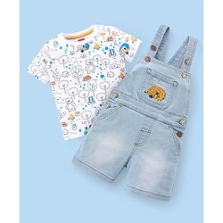Babyhug Single Jersey Woven Dungaree and Half Sleeves T-Shirt Set with Bear Print & Embroidery - White & Sky Blue