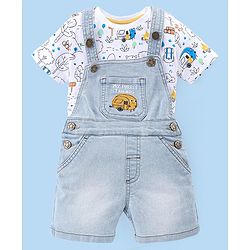 Babyhug Single Jersey Woven Dungaree and Half Sleeves T-Shirt Set with Bear Print & Embroidery - White & Sky Blue