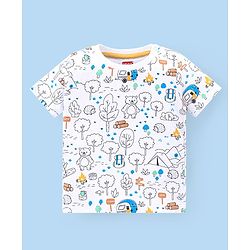 Babyhug Single Jersey Woven Dungaree and Half Sleeves T-Shirt Set with Bear Print & Embroidery - White & Sky Blue